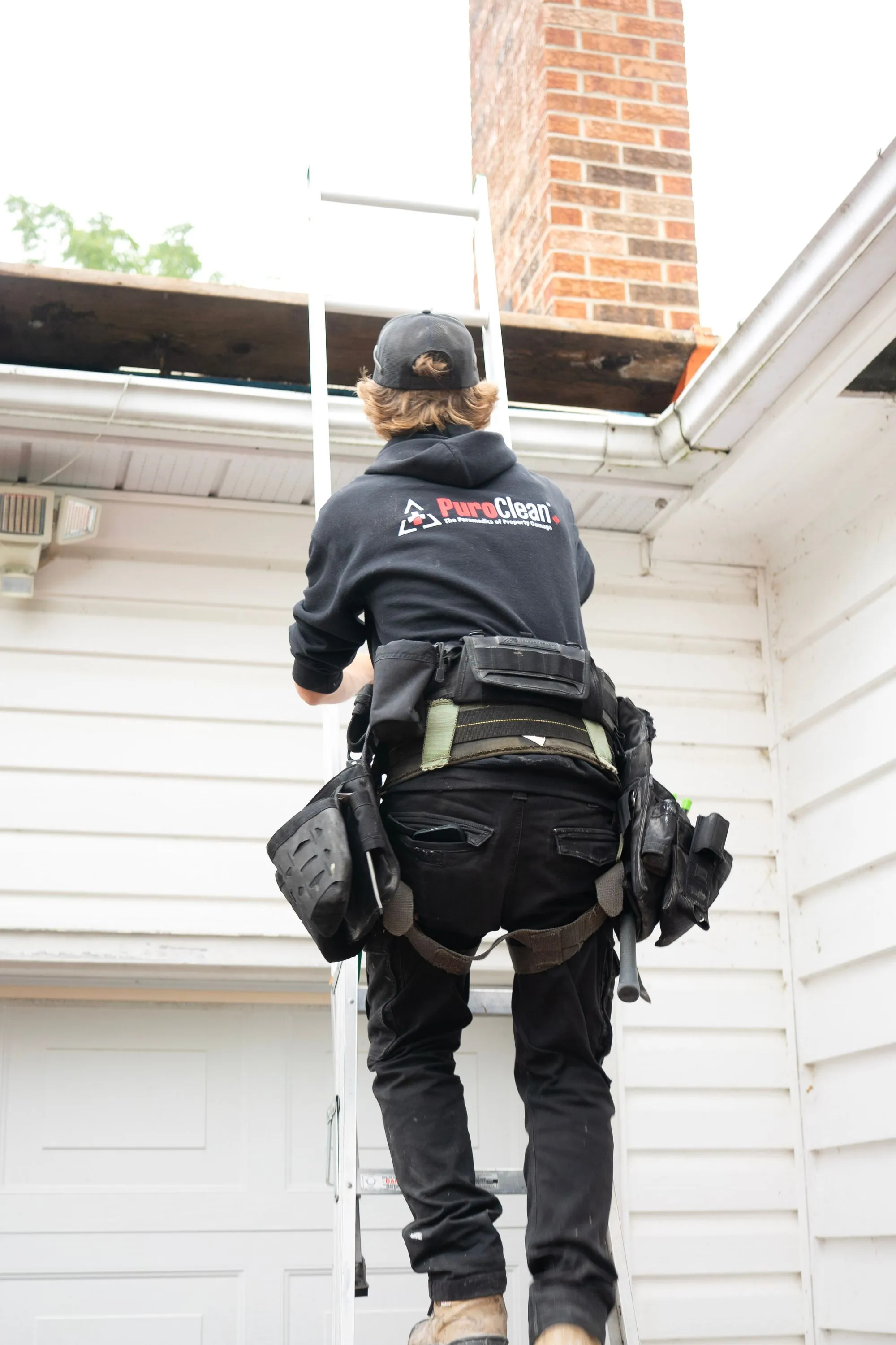 A roofer at the eaves of a white-sided house, tool belt on